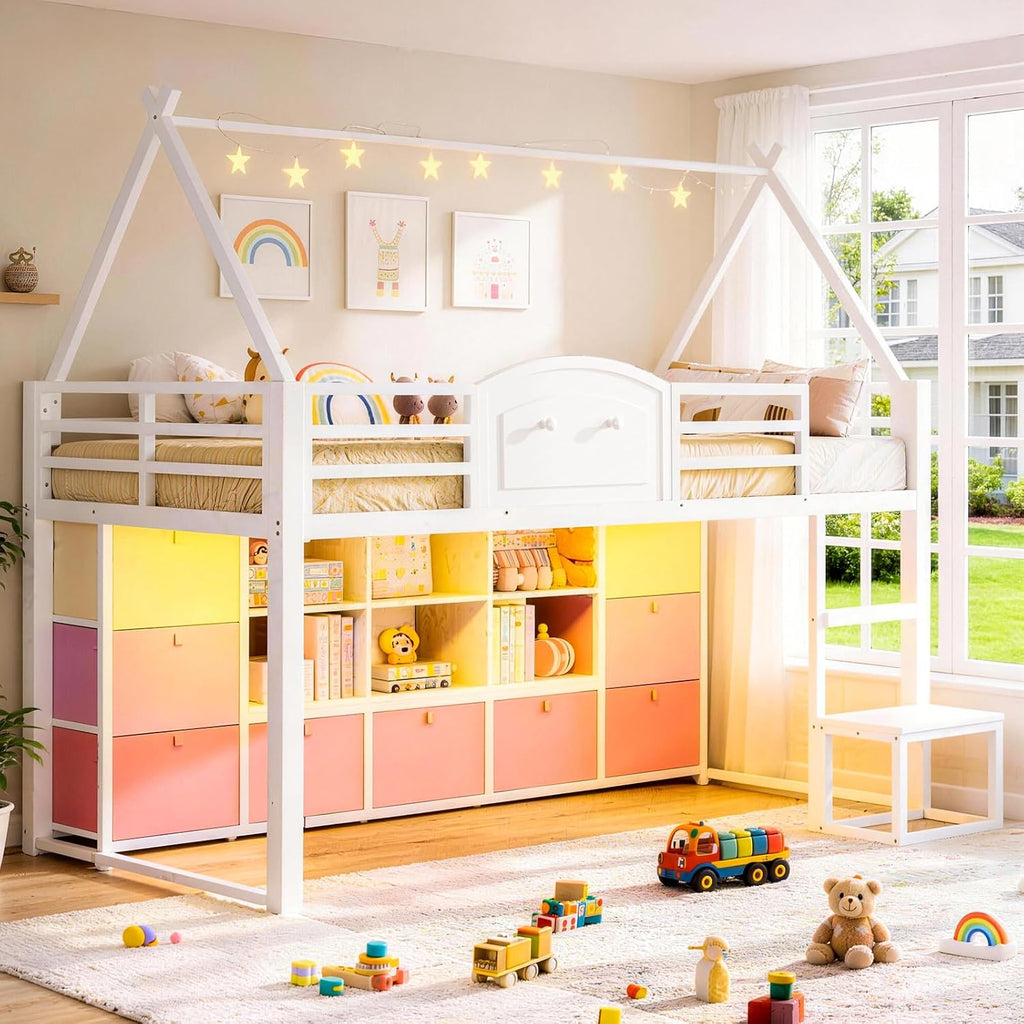 White Twin House Loft Bed With Storage & Lights