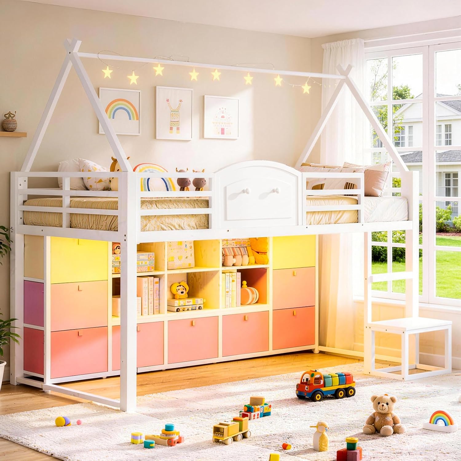 White Twin House Loft Bed With Storage & Lights