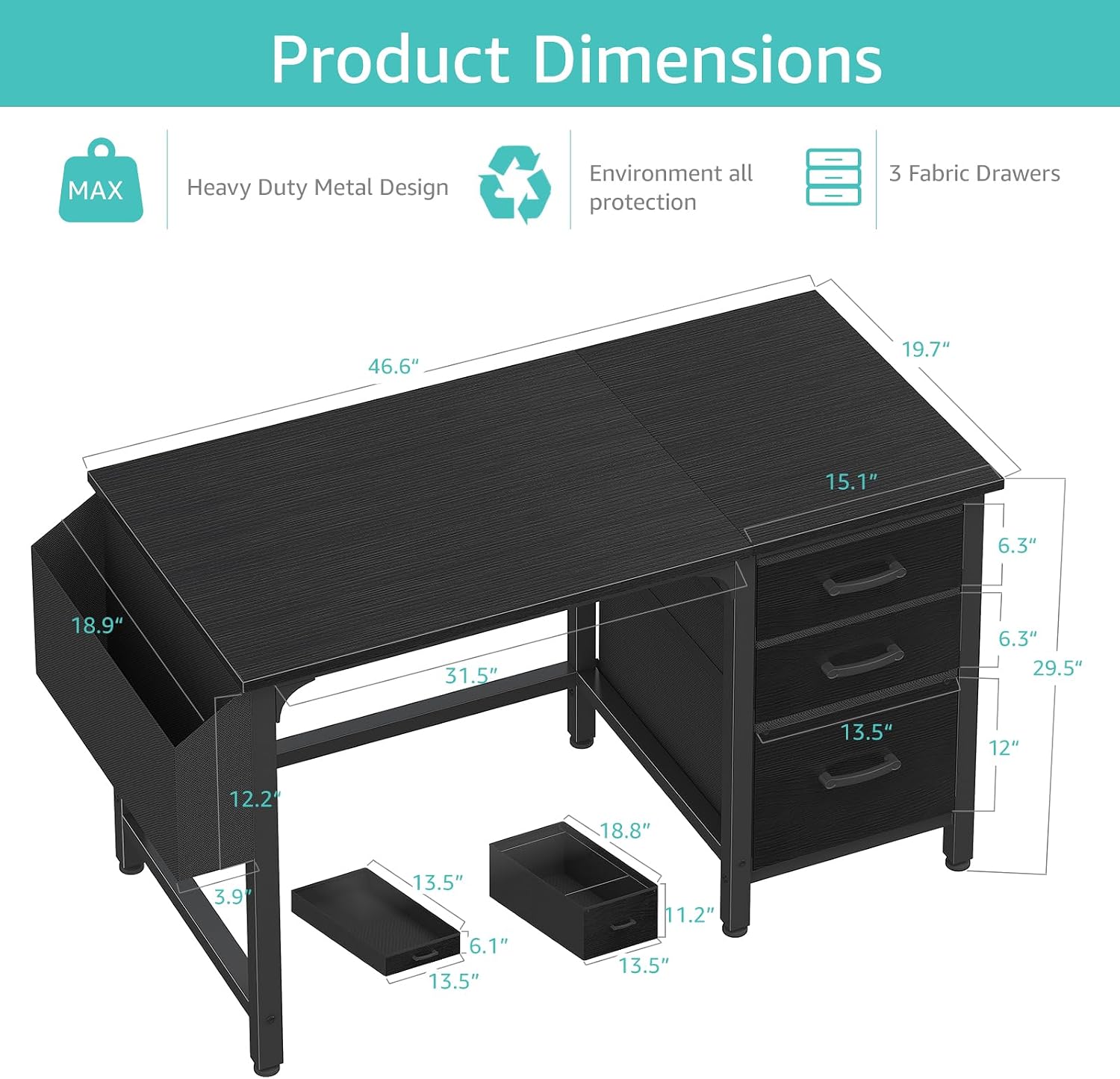 47" Black Reversible Computer Desk With File Cabinet