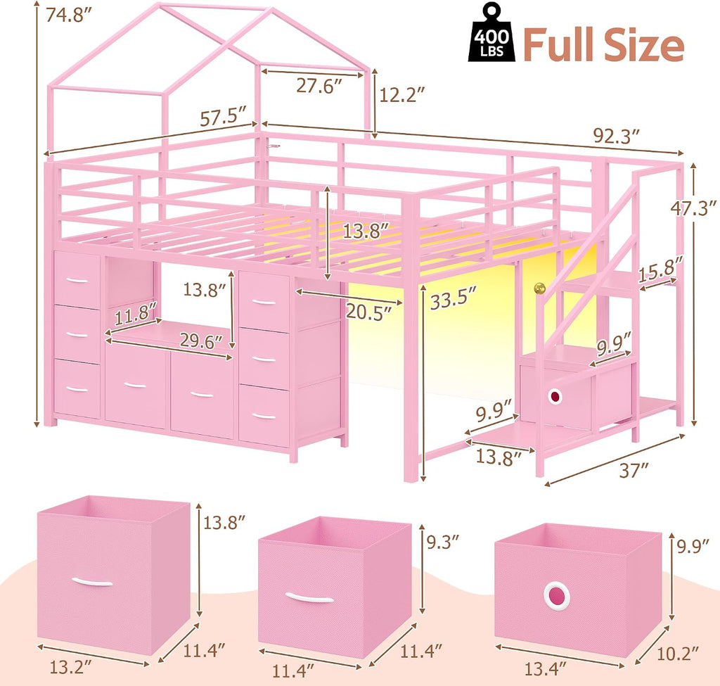 Pink Full House Low Loft Bed With Storage & Lights