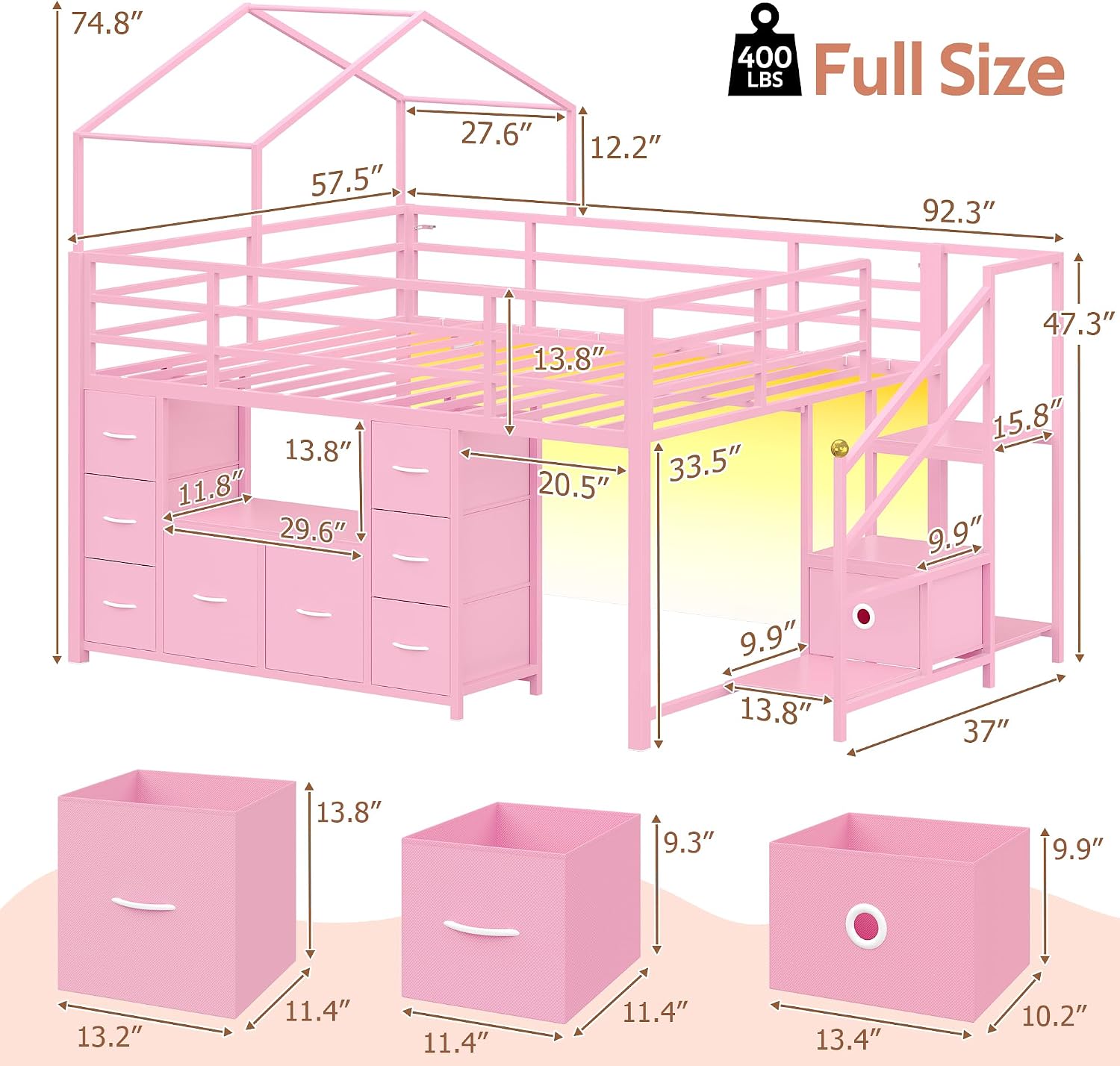 Pink Full House Low Loft Bed With Storage & Lights