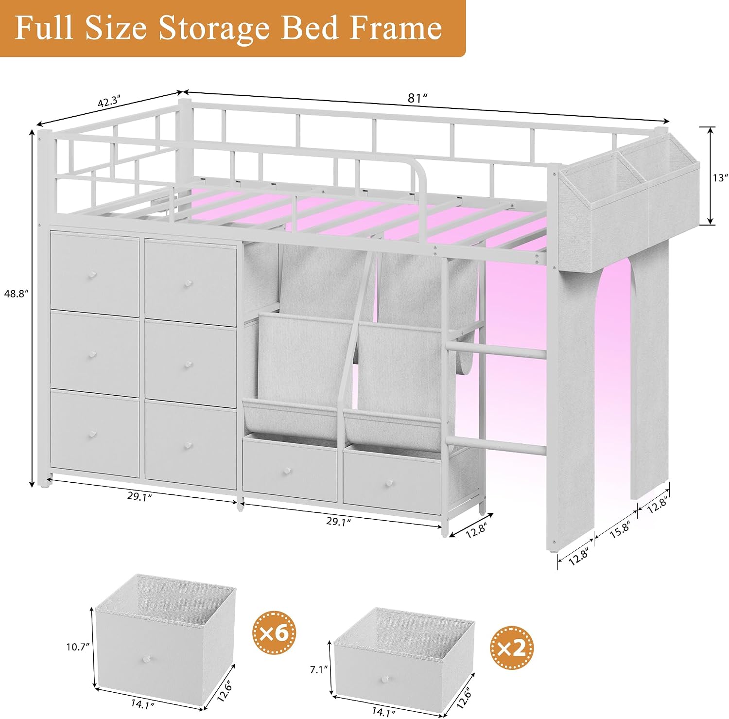 White Twin Metal Low Loft Bed With Drawers & LED