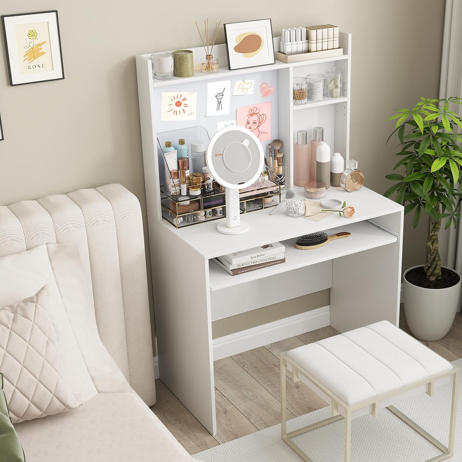 White Computer Desk With Hutch & Storage Shelves