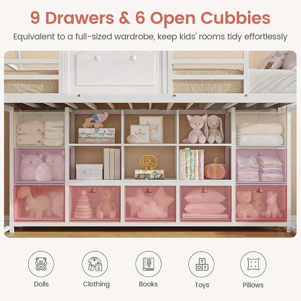 White Twin House Loft Bed With Storage & Lights