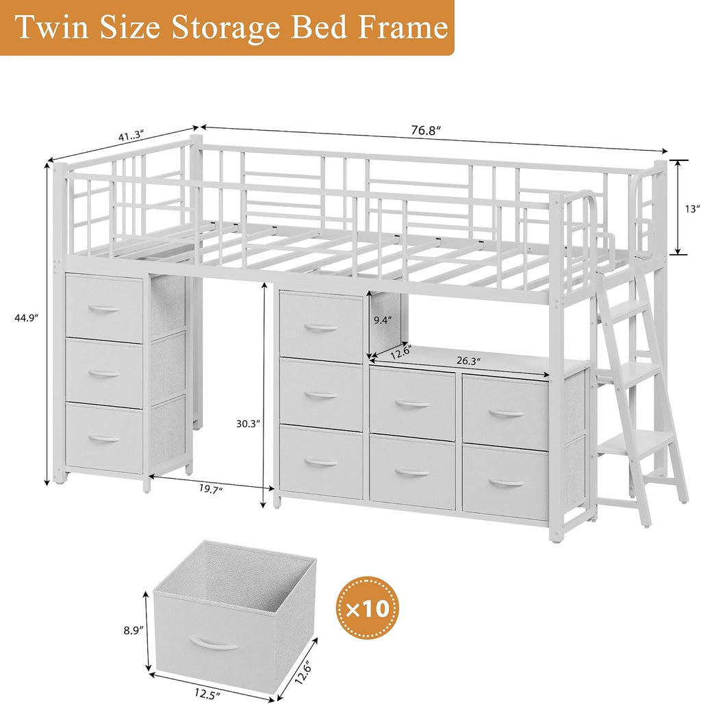 White Twin Metal Low Loft Bed With Drawers & Bookcase