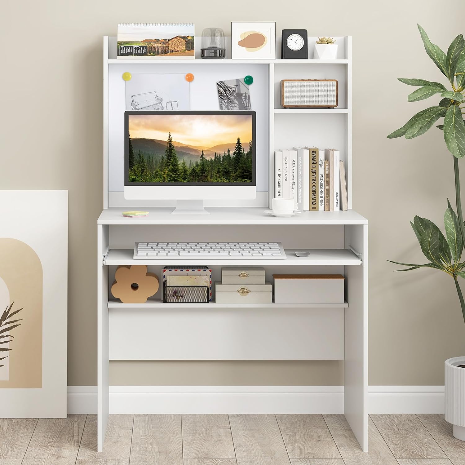 White Computer Desk With Hutch & Storage Shelves