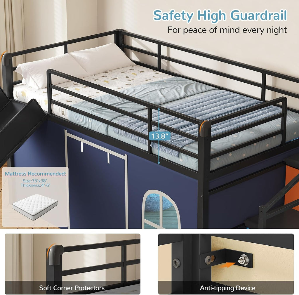Black Blue Twin Loft Bed With Slide & Desk