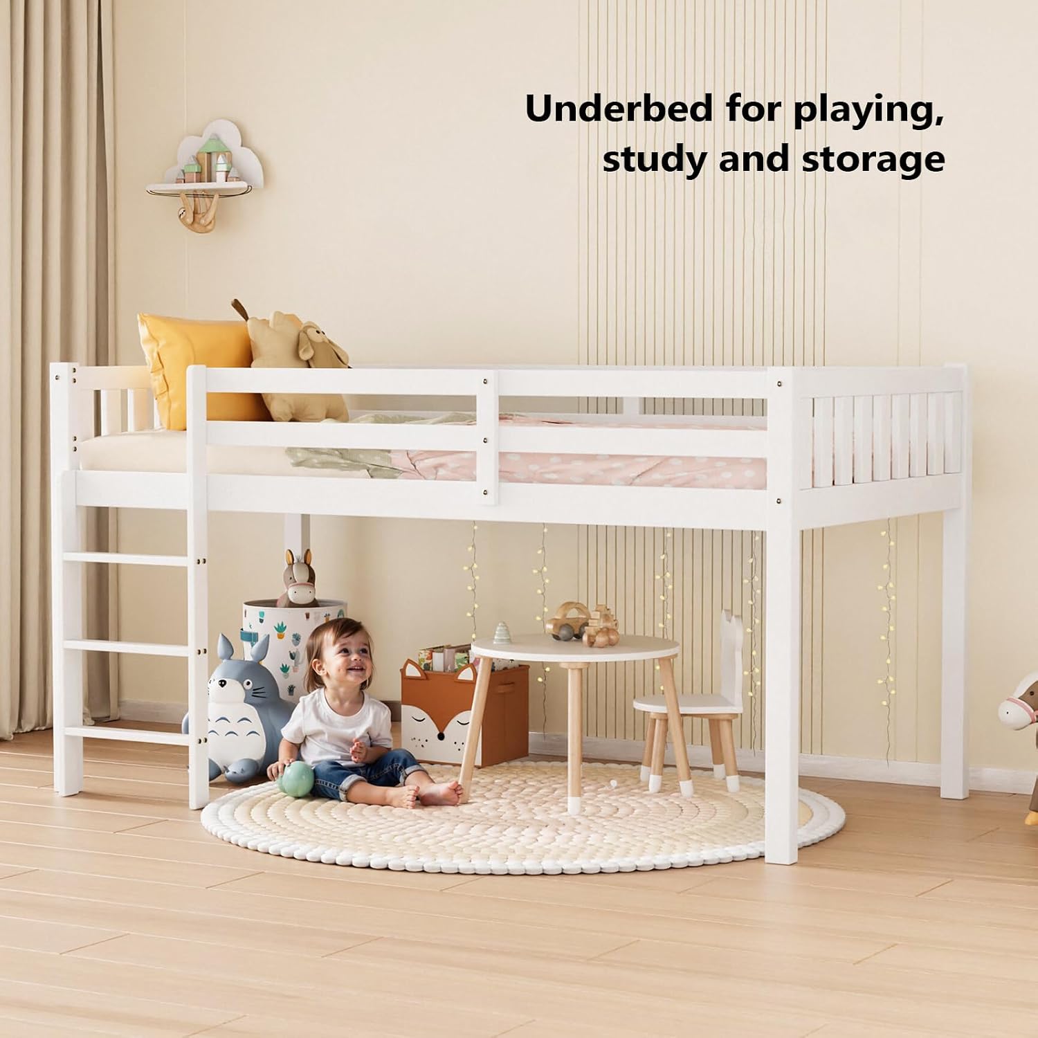 White Twin Low Kids Loft Bed With Guardrail & Ladder