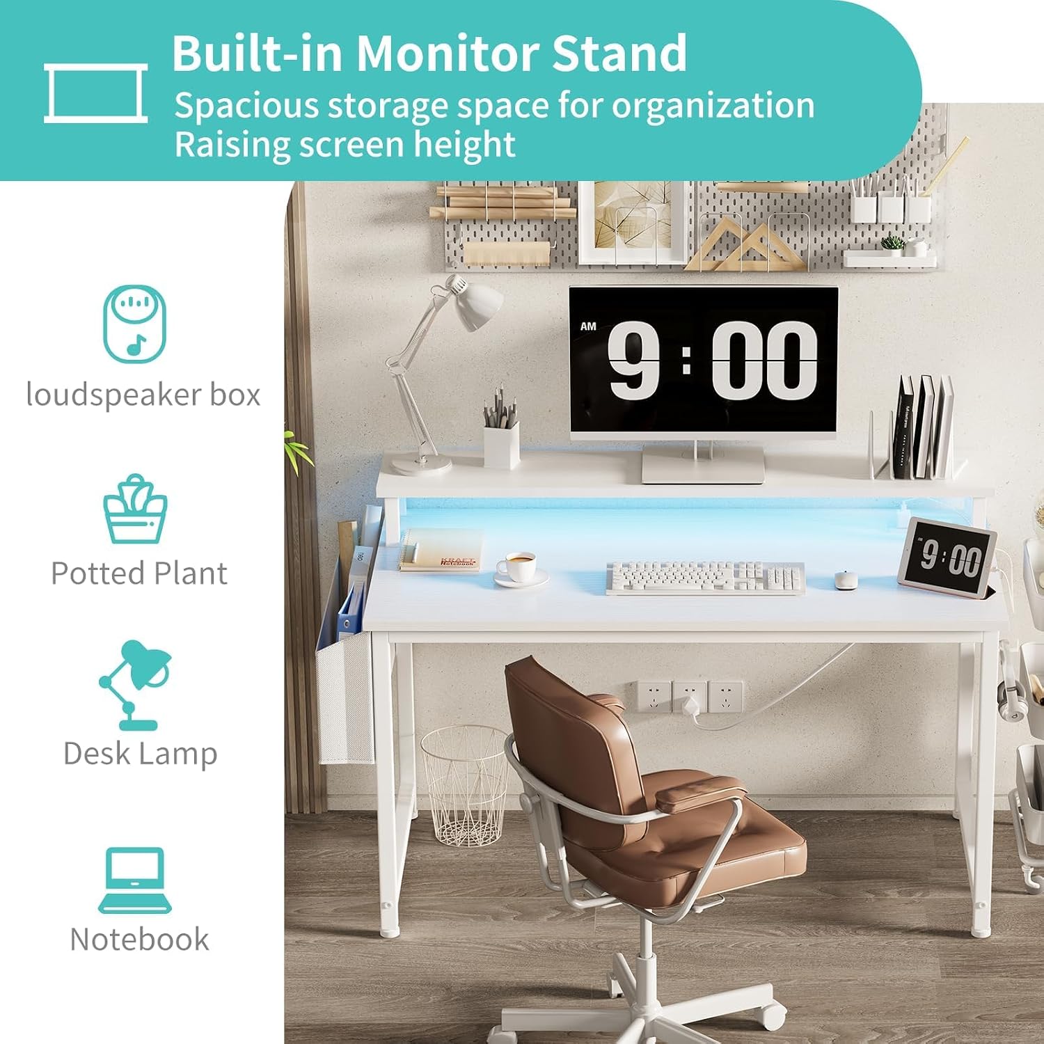 40" White Gaming Desk with LED & Power Outlets