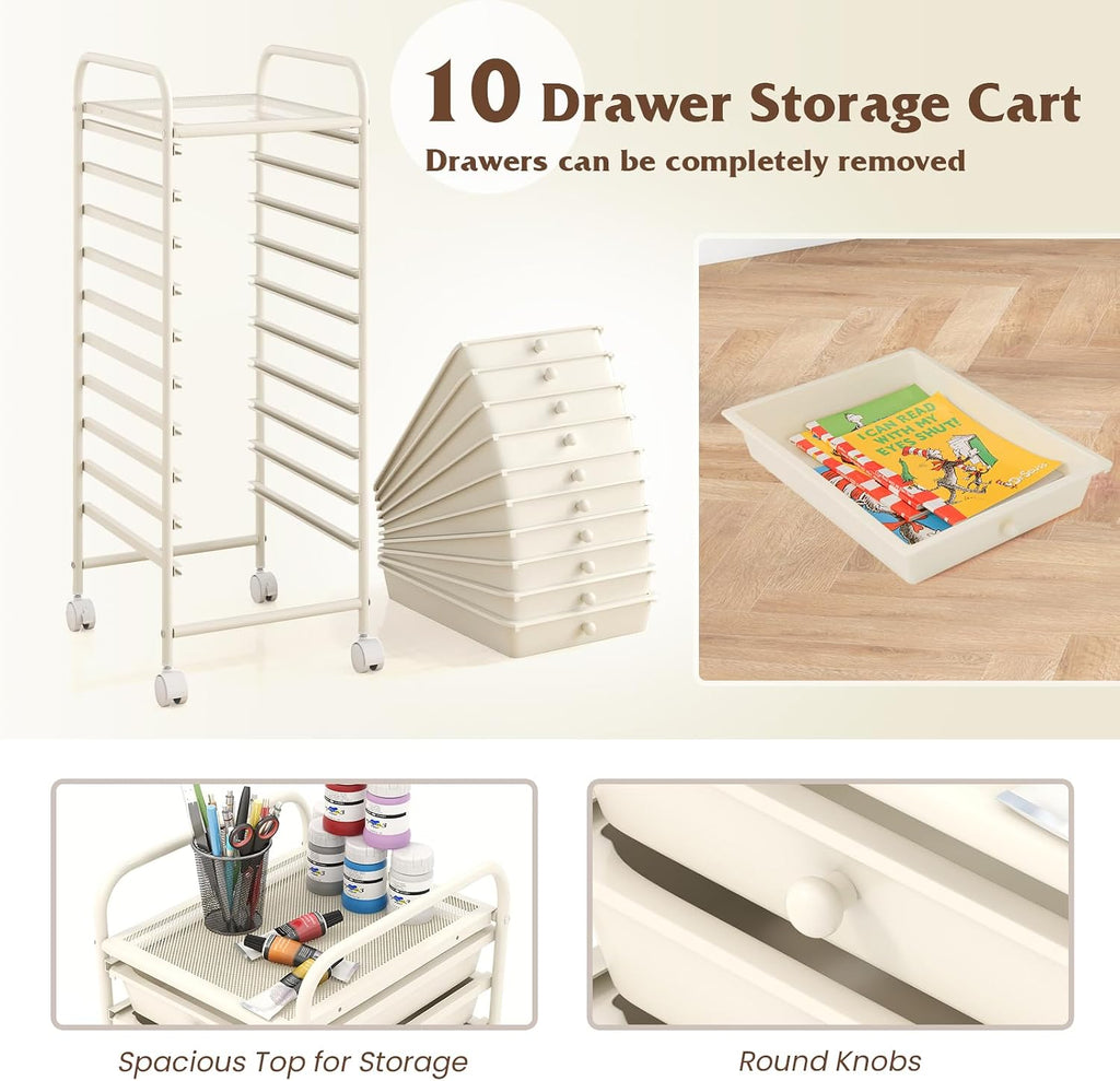 Ivory 10 Drawer Rolling Storage Cart
