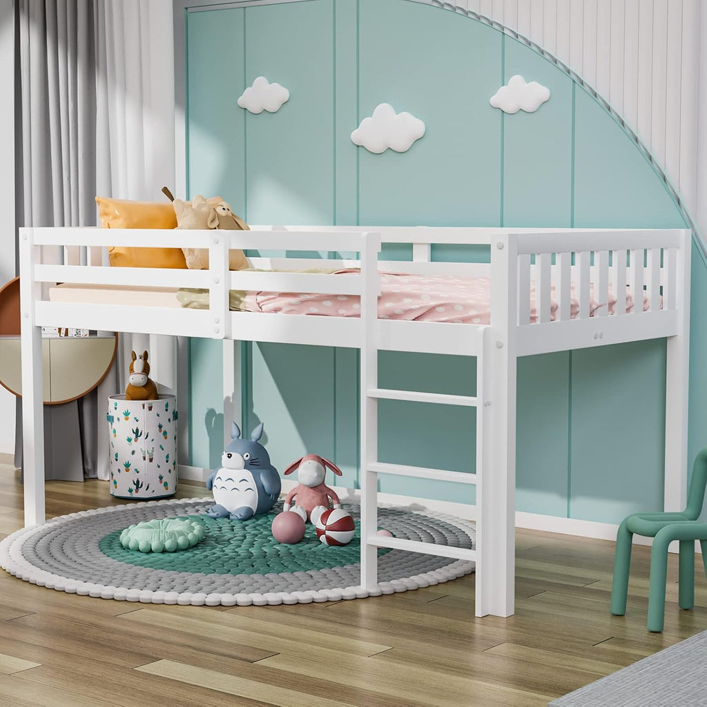 White Twin Low Kids Loft Bed With Guardrail & Ladder