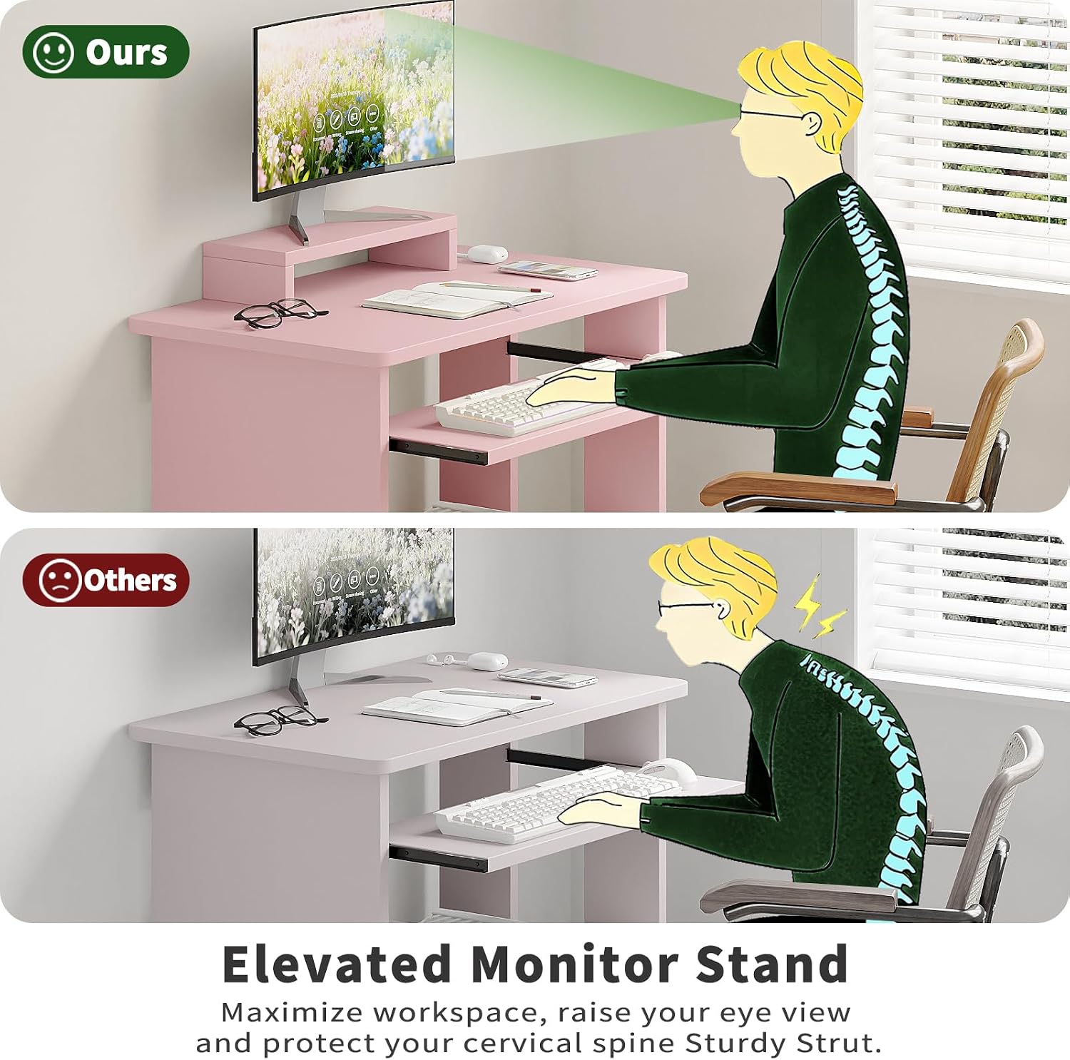30" Pink Desk With Keyboard Tray & Monitor Stand
