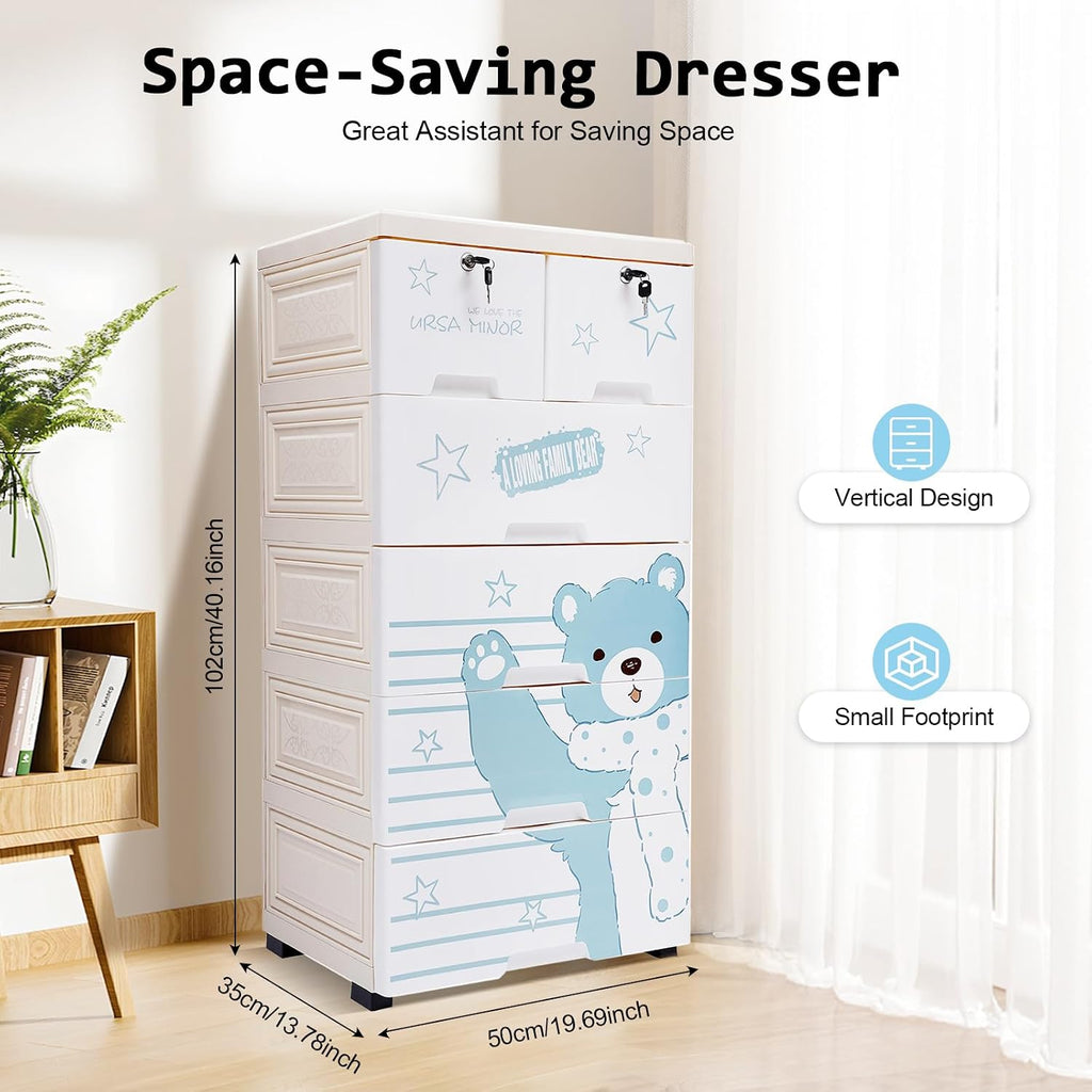 6 Drawer Rolling Kids Plastic Storage Cabinet White Blue
