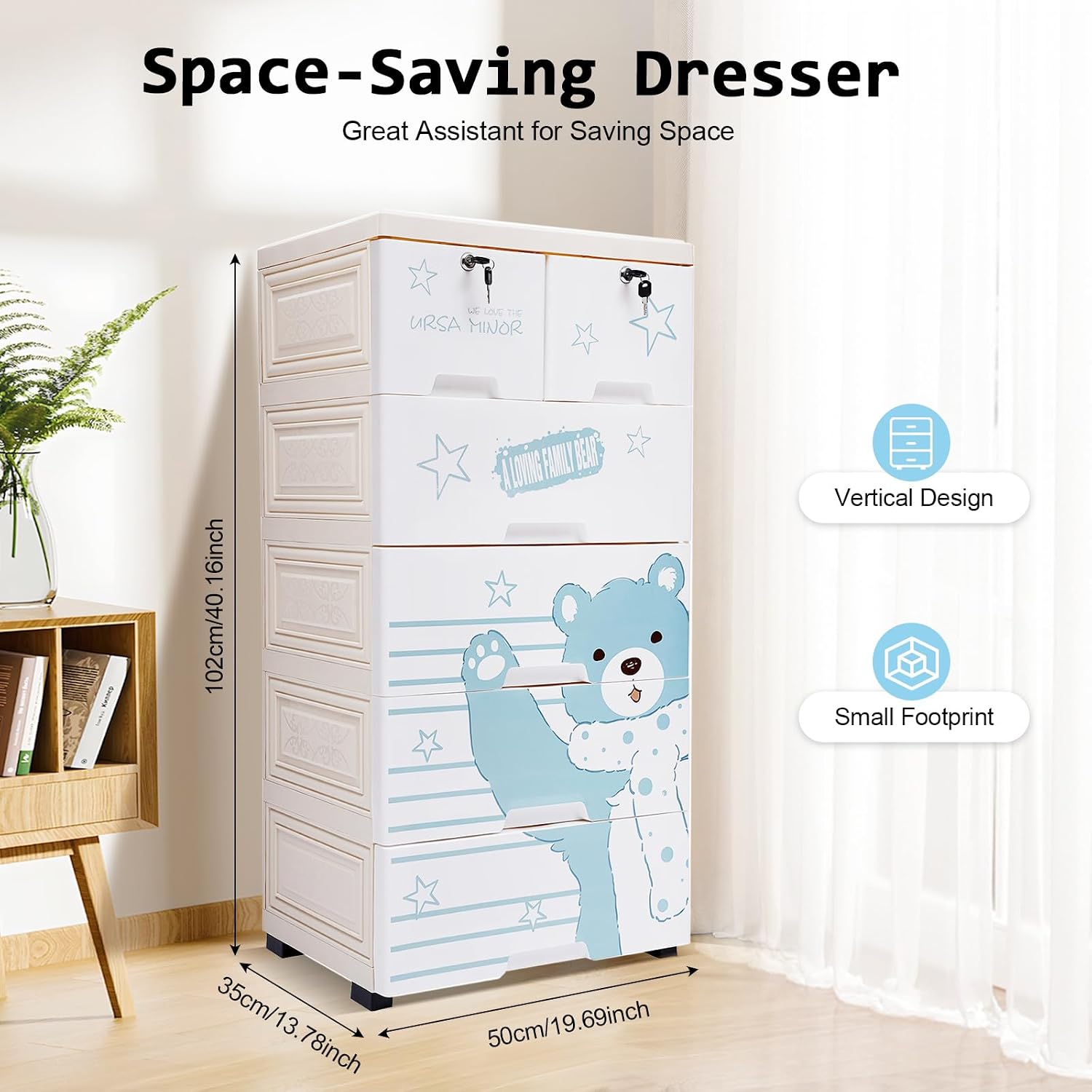6 Drawer Rolling Kids Plastic Storage Cabinet White Blue
