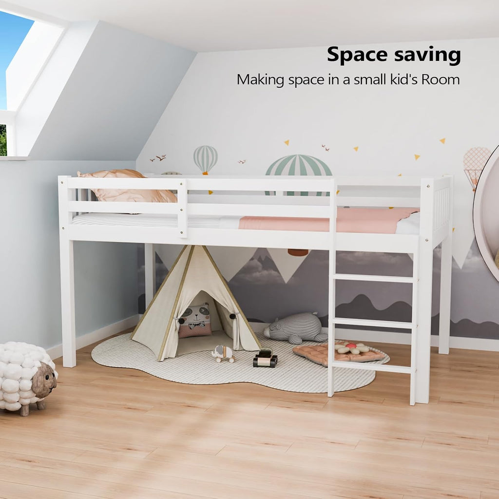 White Twin Low Kids Loft Bed With Guardrail & Ladder