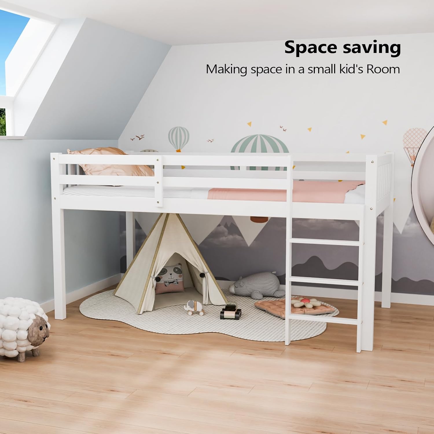 White Twin Low Kids Loft Bed With Guardrail & Ladder