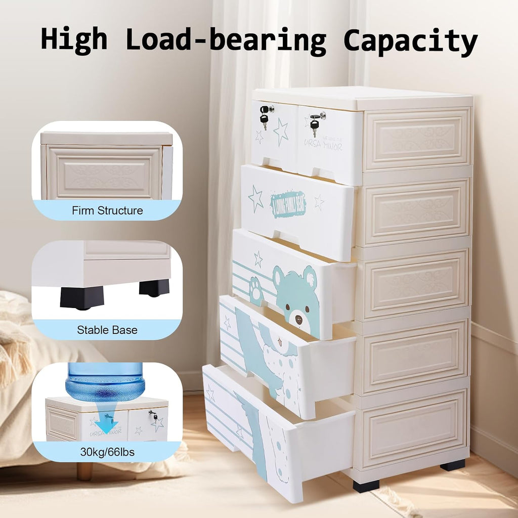 6 Drawer Rolling Kids Plastic Storage Cabinet White Blue