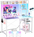 39" White Gaming Desk With Hutch & LED Lights