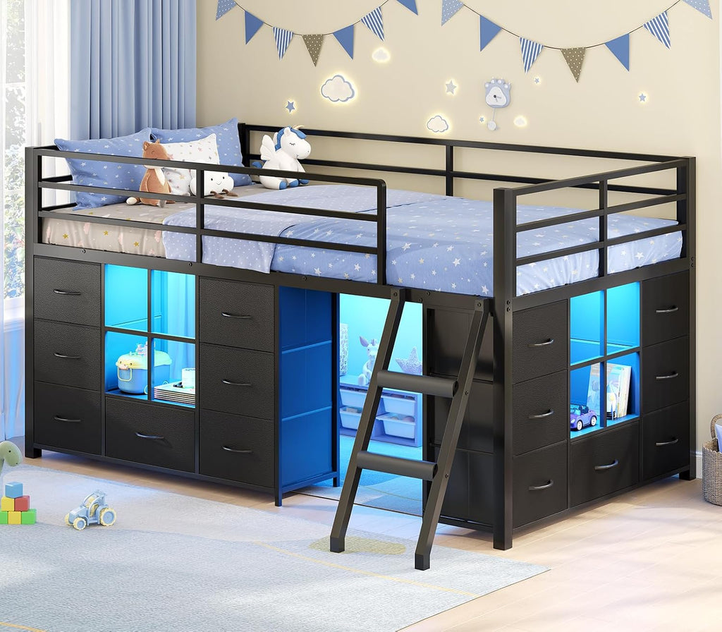 Black Twin Metal Low Loft Bed With Drawers & RGB Lights