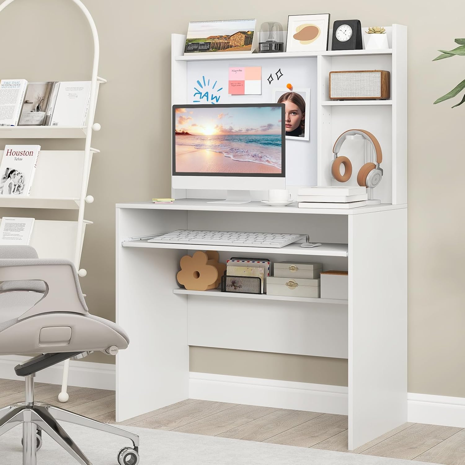 White Computer Desk With Hutch & Storage Shelves