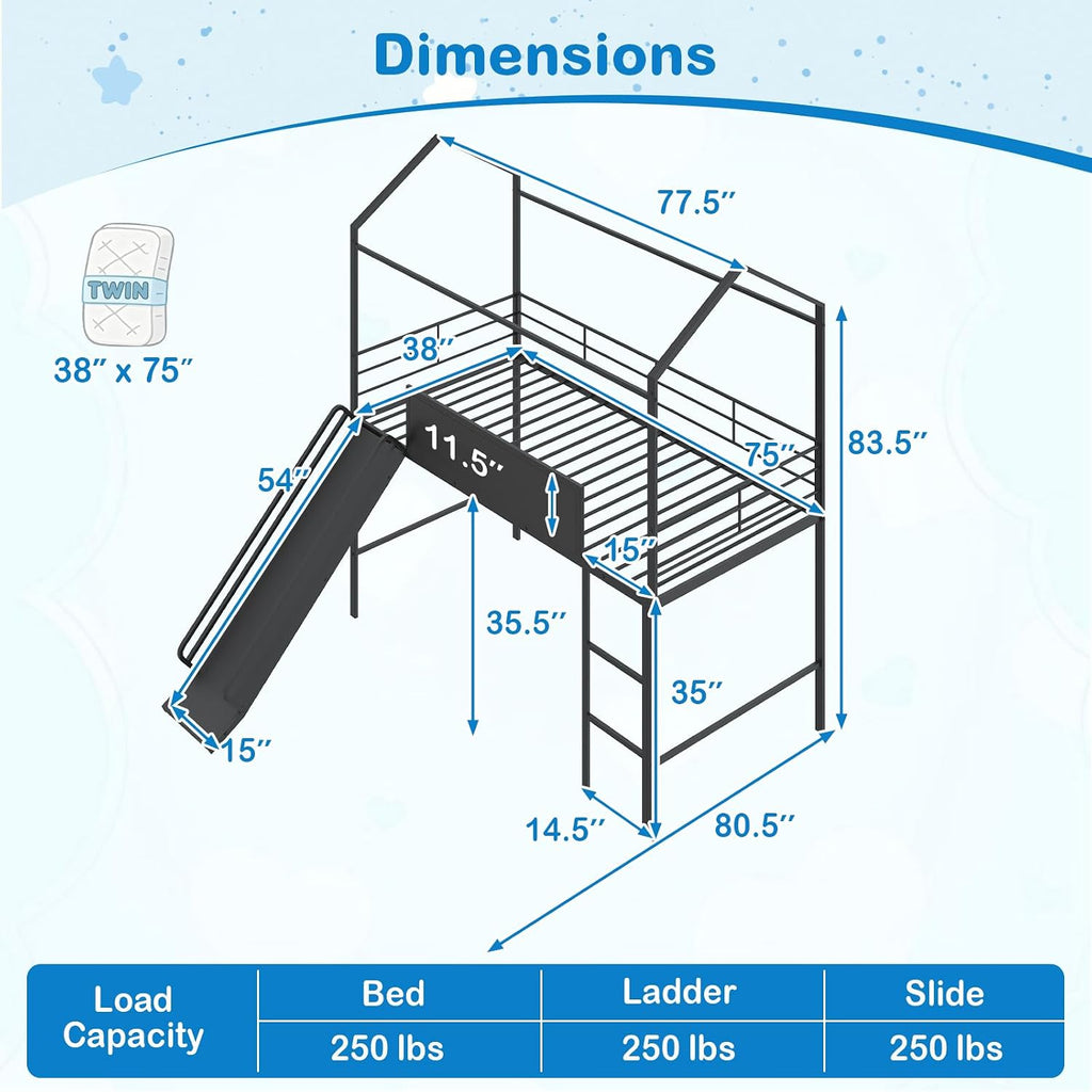 Black Twin House Low Loft Bed With Slide & Chalkboard