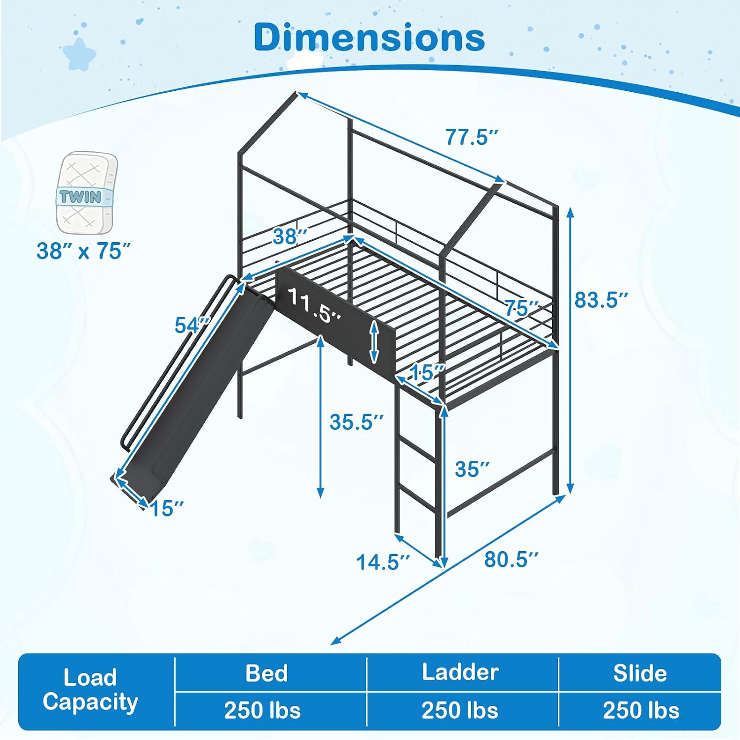 Black Twin House Low Loft Bed With Slide & Chalkboard
