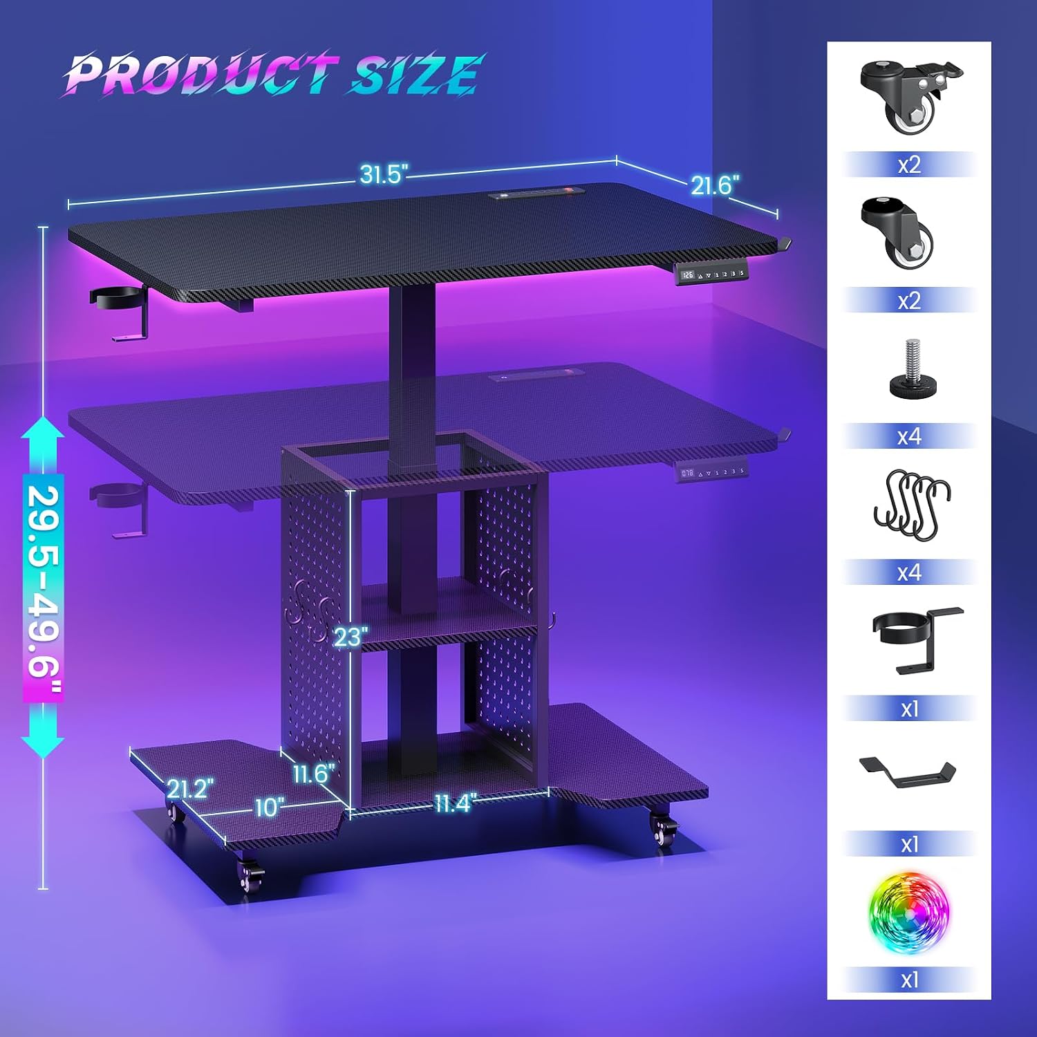 31.5" Black Height Adjustable Rolling Gaming Desk