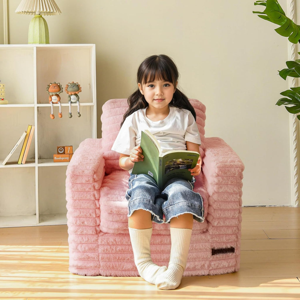 Pink Faux Fur Kids Bean Bag Sofa With Armrests