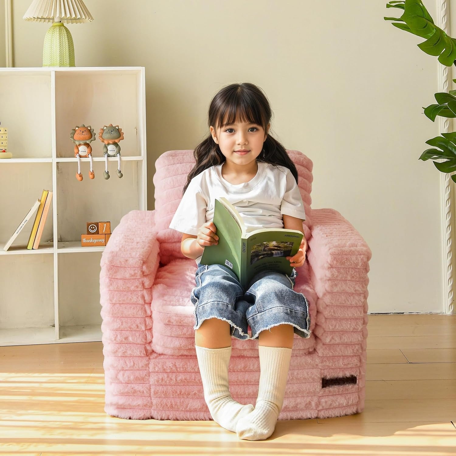 Pink Faux Fur Kids Bean Bag Sofa With Armrests