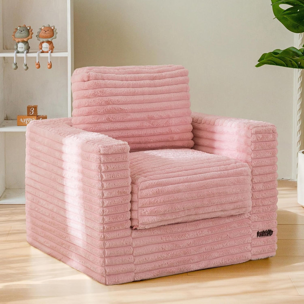 Pink Faux Fur Kids Bean Bag Sofa With Armrests