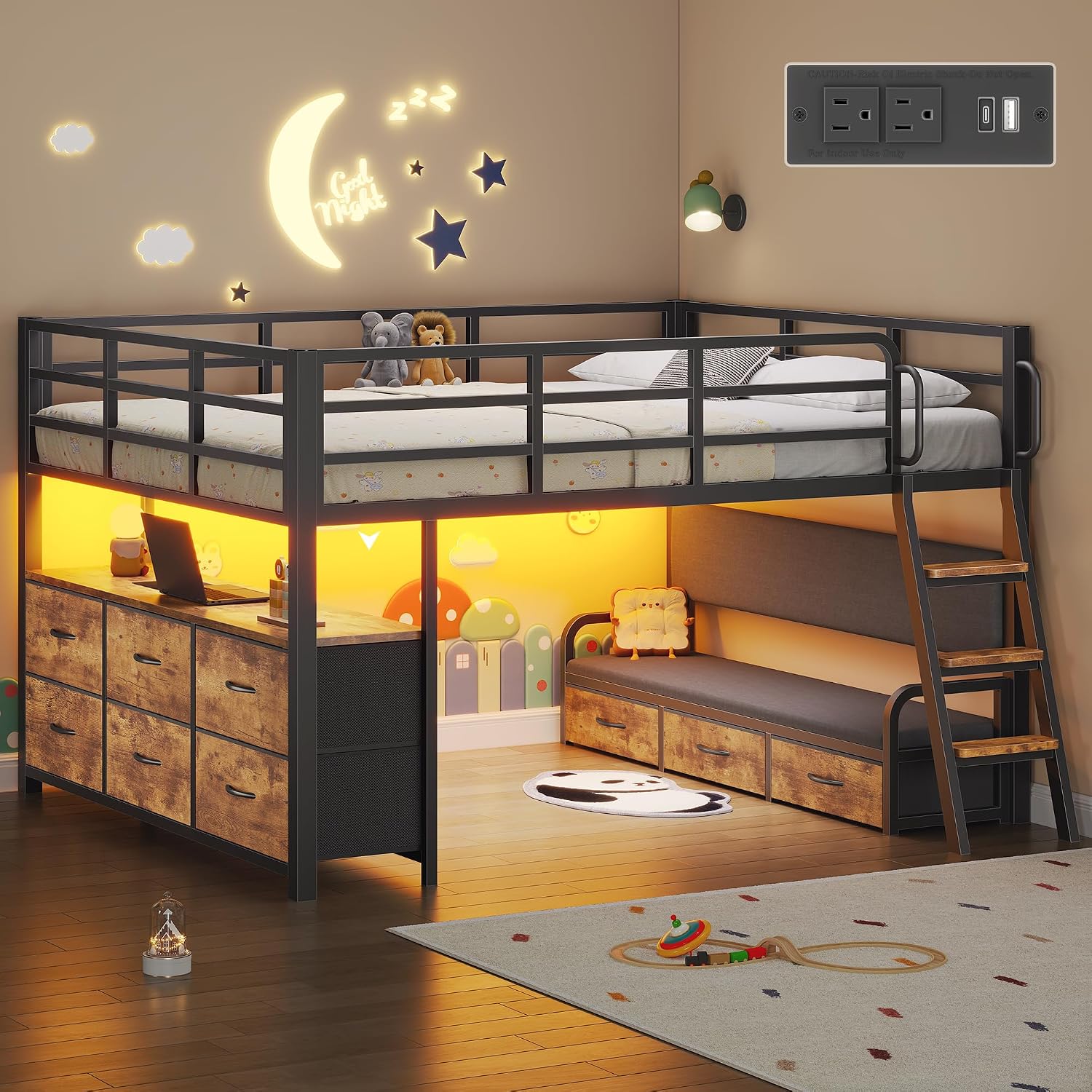 Rustic Brown Full Loft Bed With Storage & LED