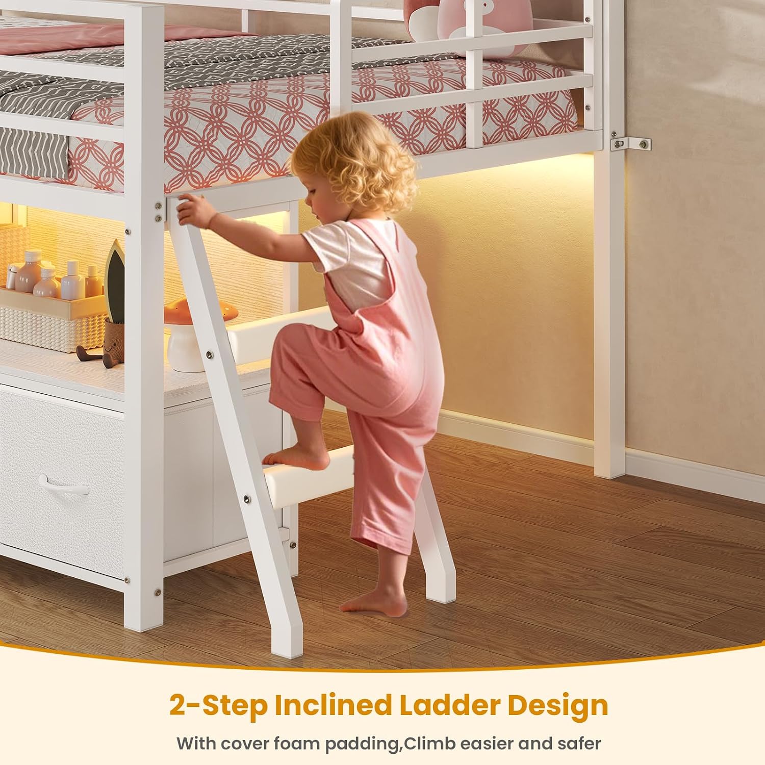 White Twin Low Loft Bed With Storage & Lights