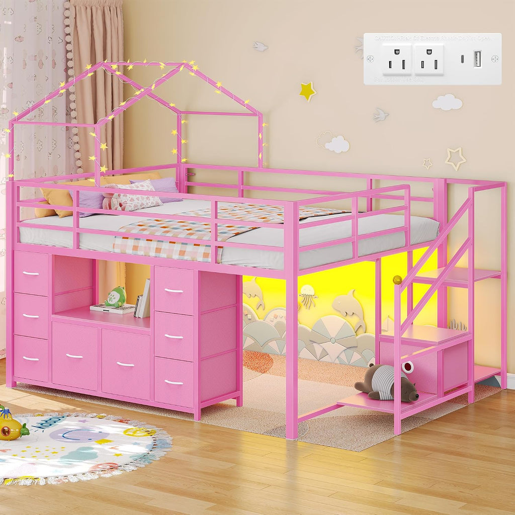 Pink Full House Low Loft Bed With Storage & Lights