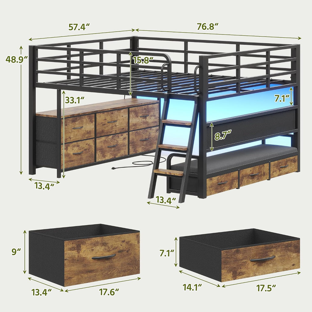 Rustic Brown Full Loft Bed With Storage & LED