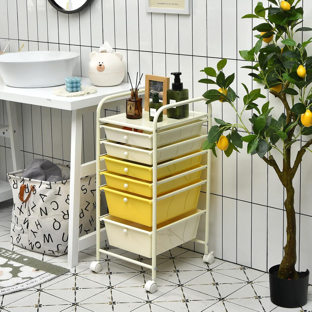 Beige Yellow 6 Drawer Rolling Storage Cart