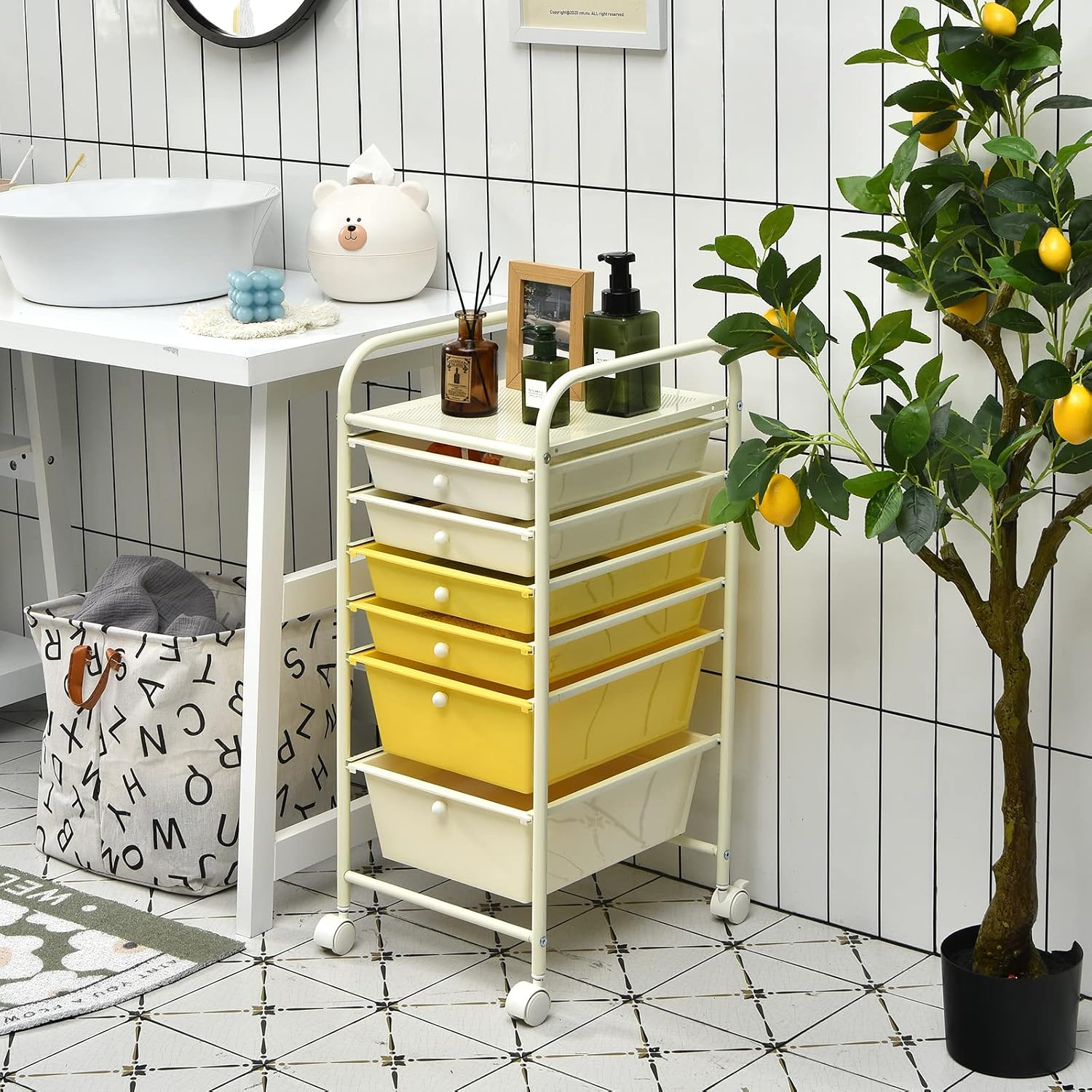 Beige Yellow 6 Drawer Rolling Storage Cart
