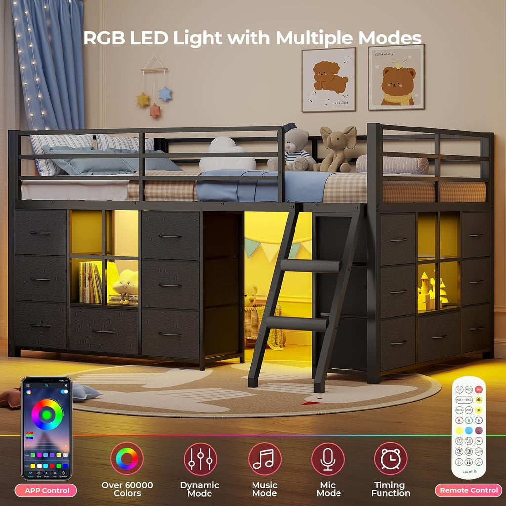 Black Twin Metal Low Loft Bed With Drawers & RGB Lights