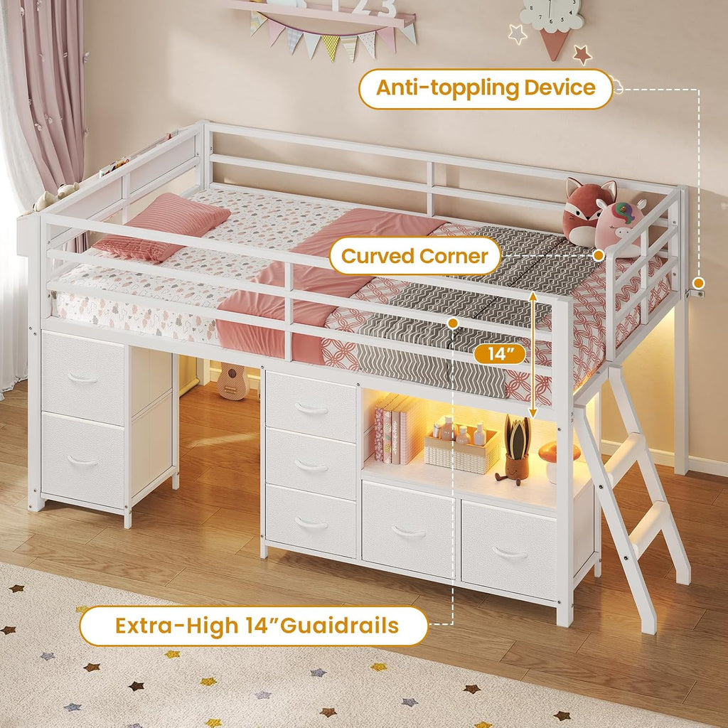 White Twin Low Loft Bed With Storage & Lights