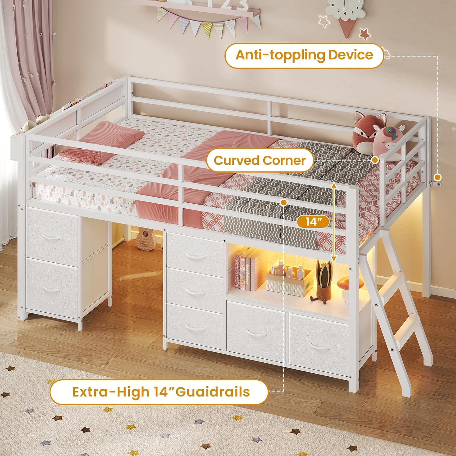 White Twin Low Loft Bed With Storage & Lights