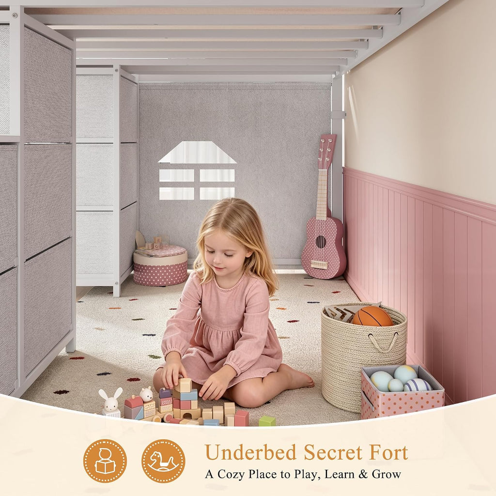 White Twin Metal Low Loft Bed With Drawers & Bookcase