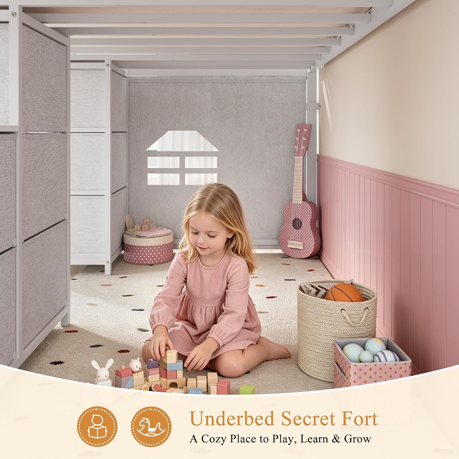 White Twin Metal Low Loft Bed With Drawers & Bookcase