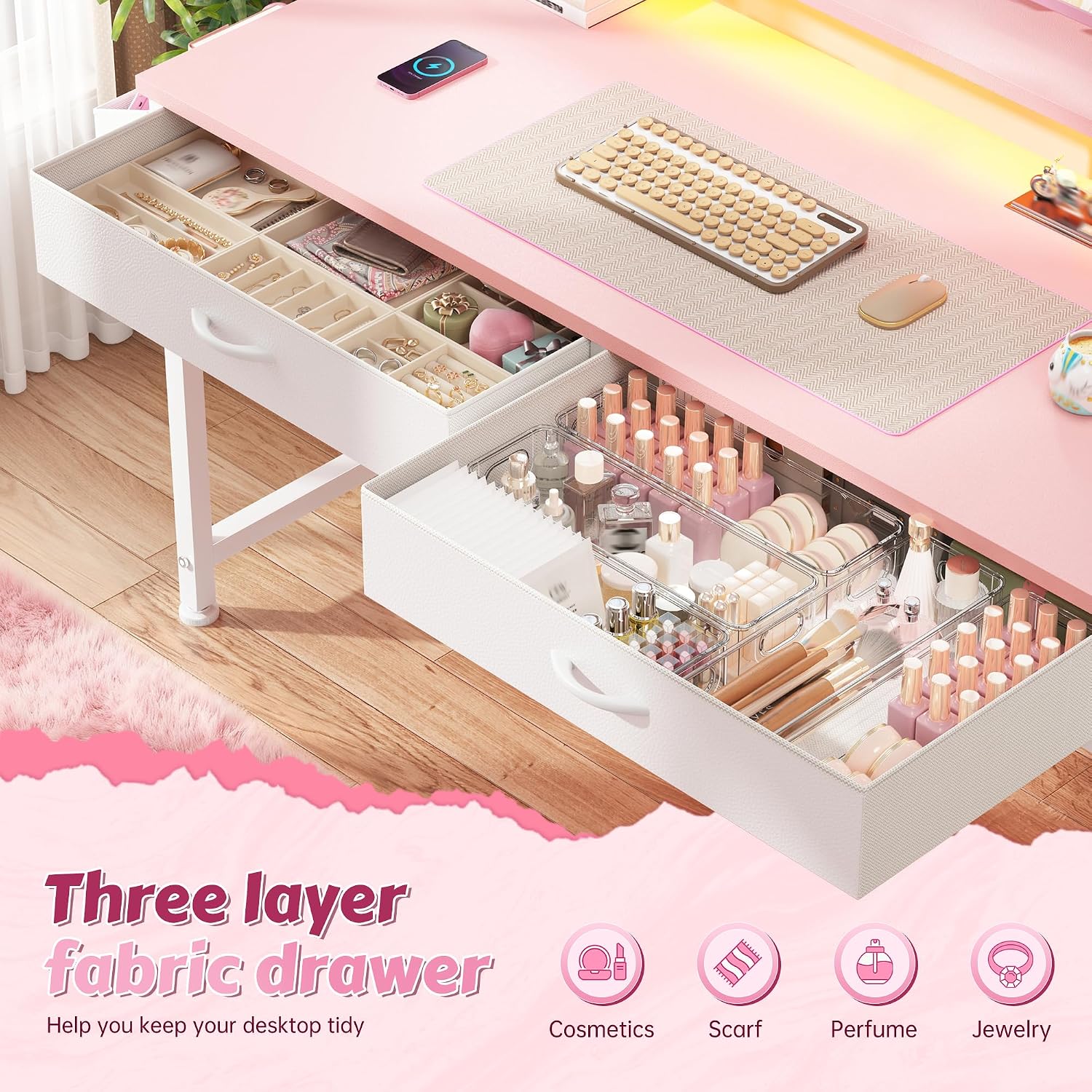31" Pink Gaming Desk with LED & 2 Fabric Drawers