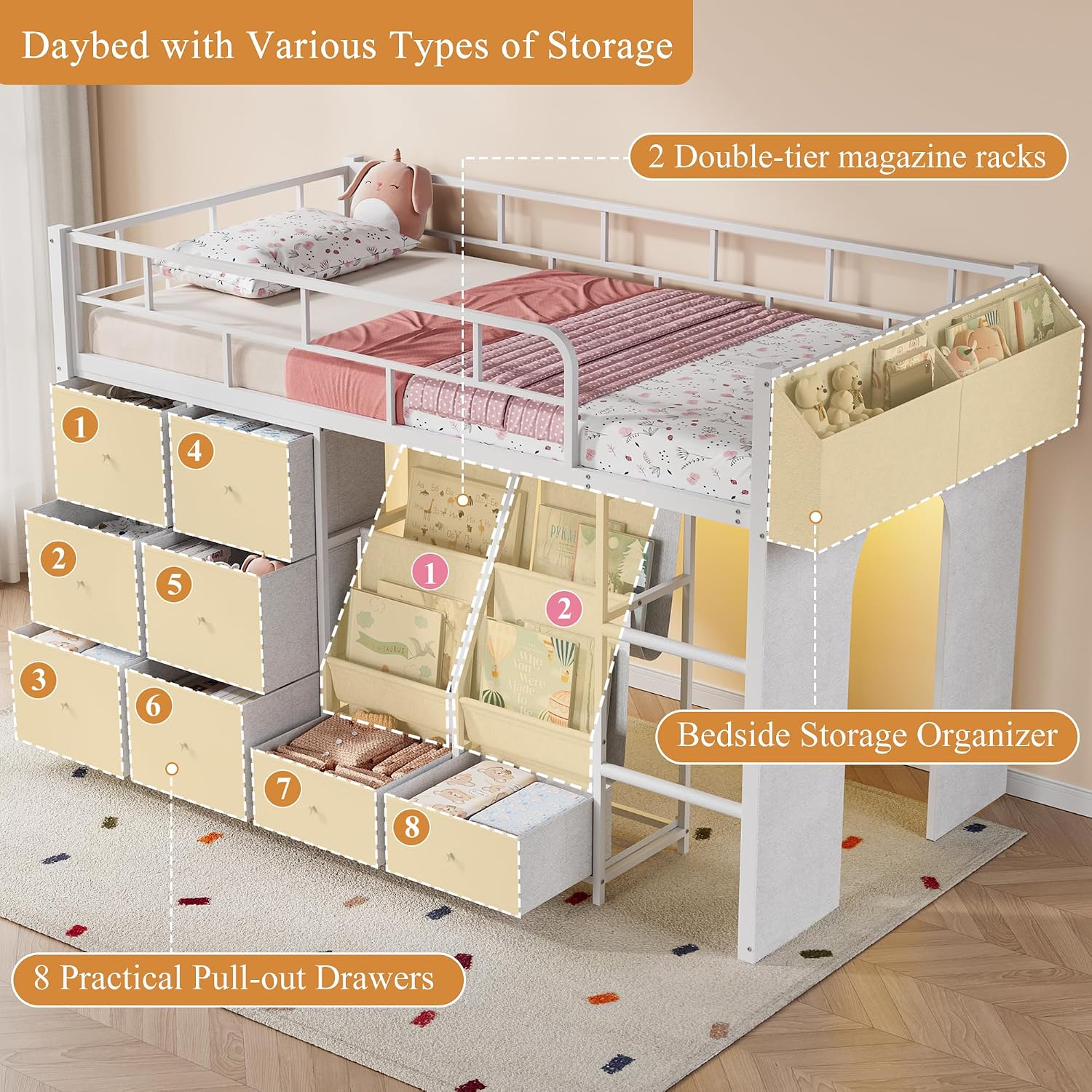 White Twin Metal Low Loft Bed With Drawers & LED
