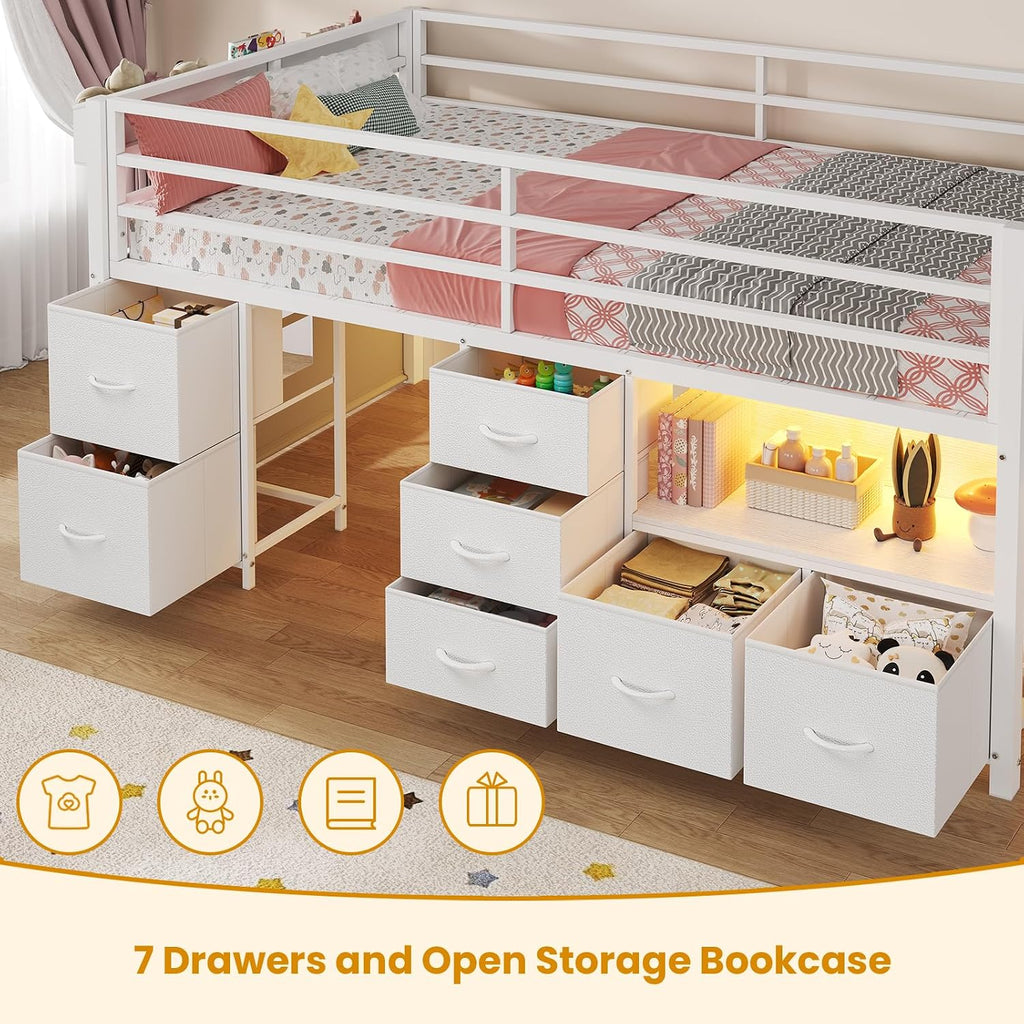 White Twin Low Loft Bed With Storage & Lights