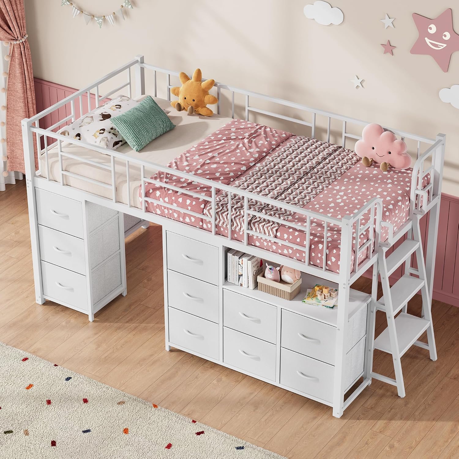 White Twin Metal Low Loft Bed With Drawers & Bookcase