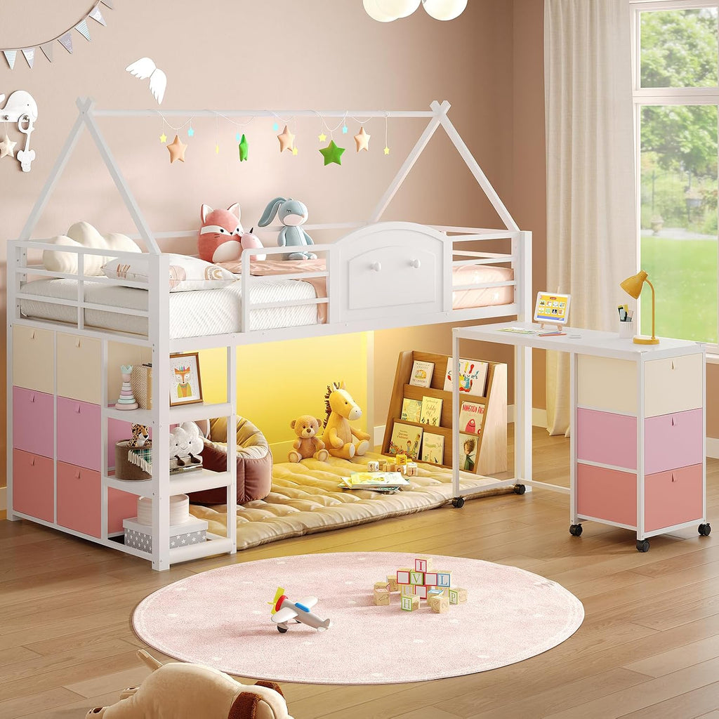 White Twin Loft Bed With Desk Storage & LED
