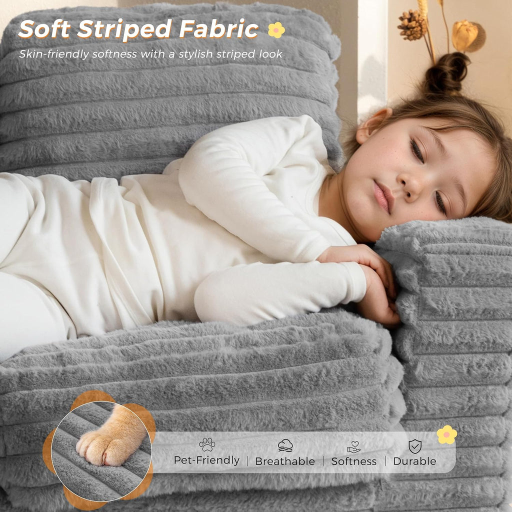 Grey Faux Fur Kids Bean Bag Sofa With Armrests