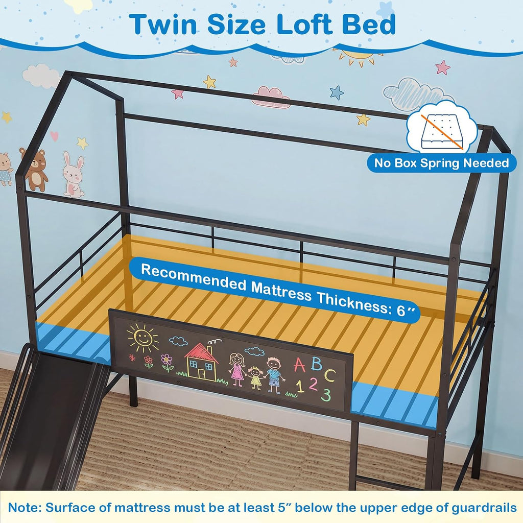 Black Twin House Low Loft Bed With Slide & Chalkboard