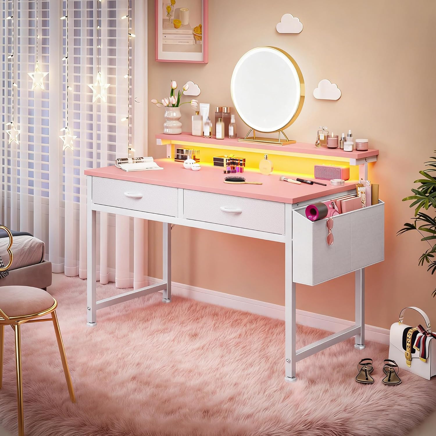 31" Pink Gaming Desk with LED & 2 Fabric Drawers