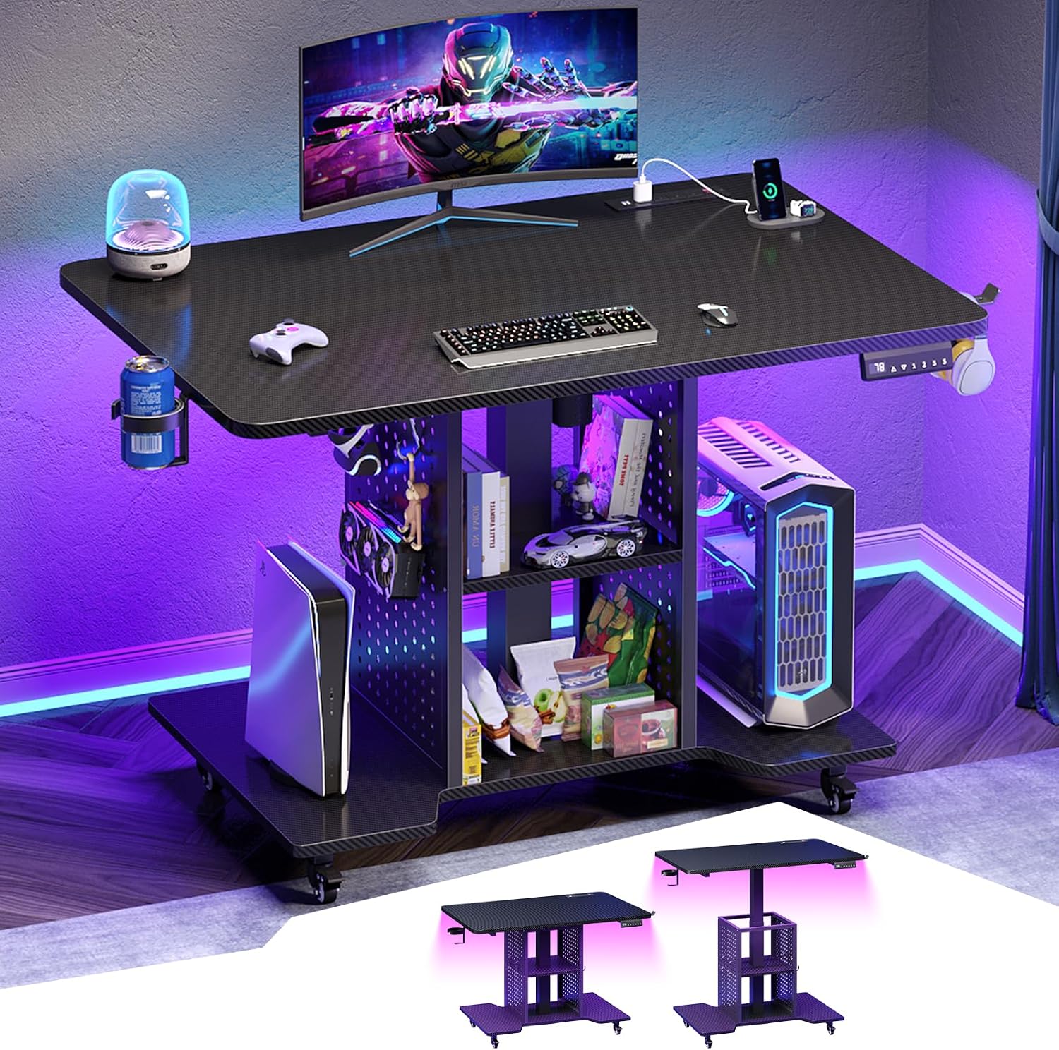 31.5" Black Height Adjustable Rolling Gaming Desk